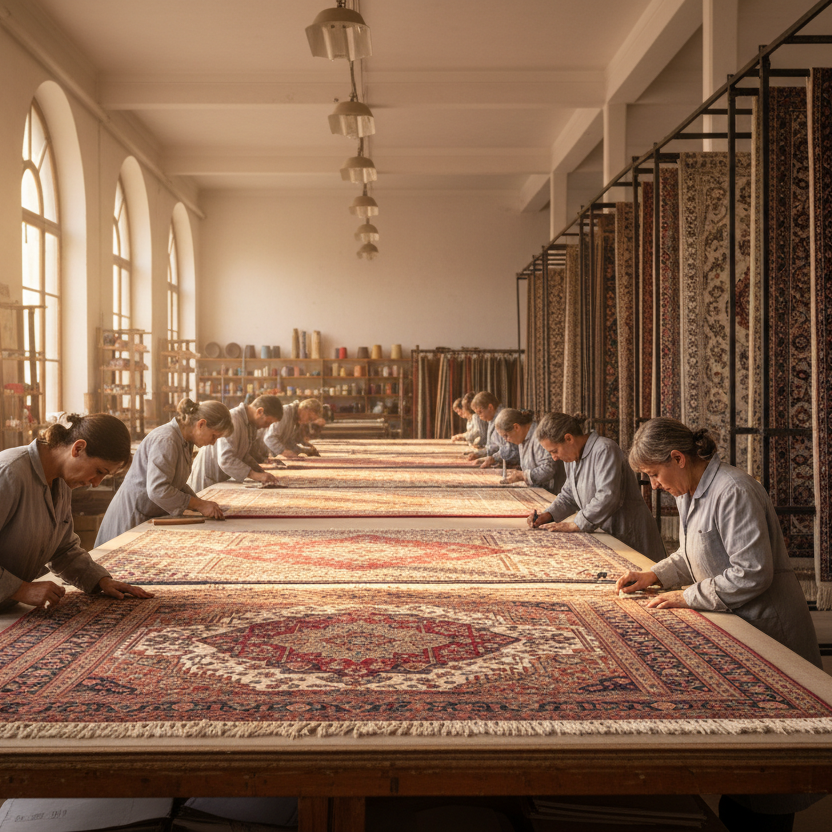 a large workshop of rugs being checked meticulaously