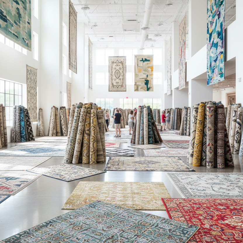 a picture of a large showroom with 100s of rugs
