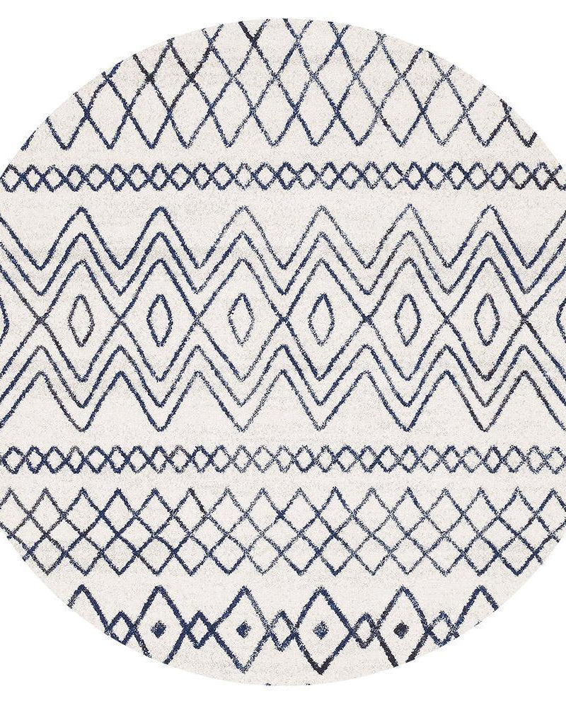 Oasis Nadia White Blue Rustic Tribal Round Rug