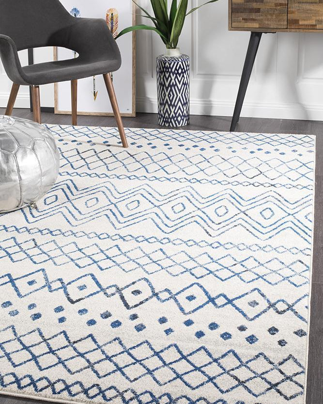 Oasis Nadia White Blue Rustic Tribal Rug