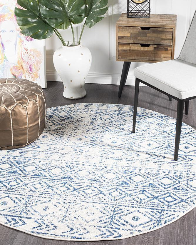 Oasis Ismail White Blue Rustic Round Rug
