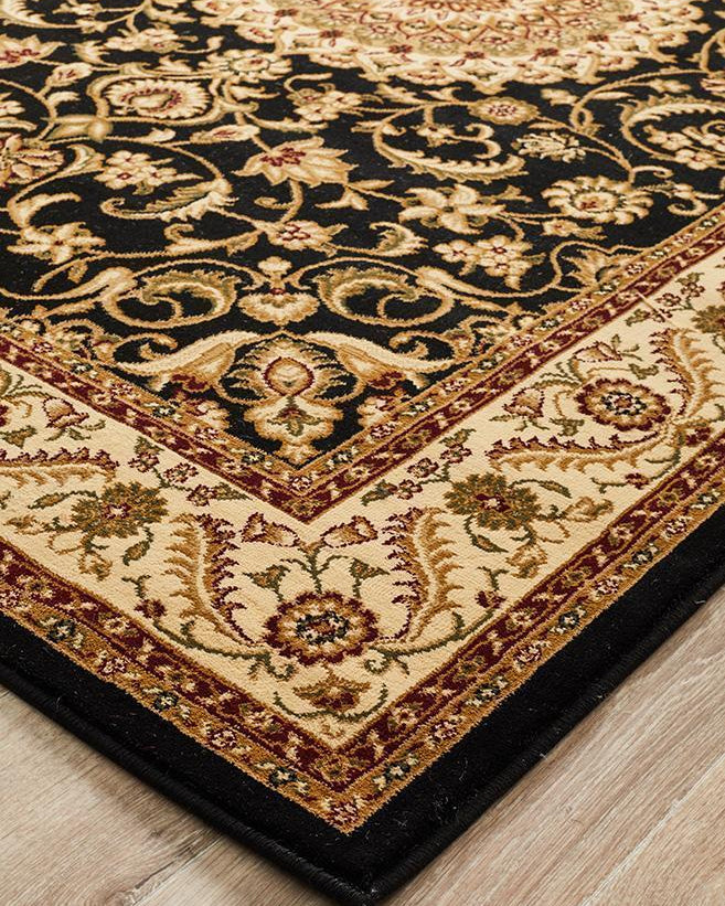 Sydney Collection Medallion Rug Black With Ivory Border