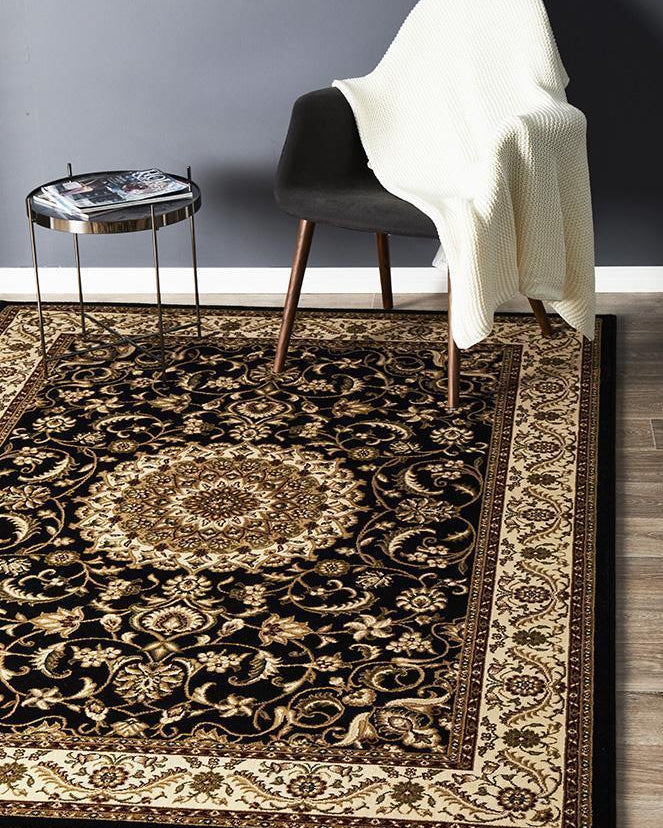 Sydney Collection Medallion Rug Black With Ivory Border