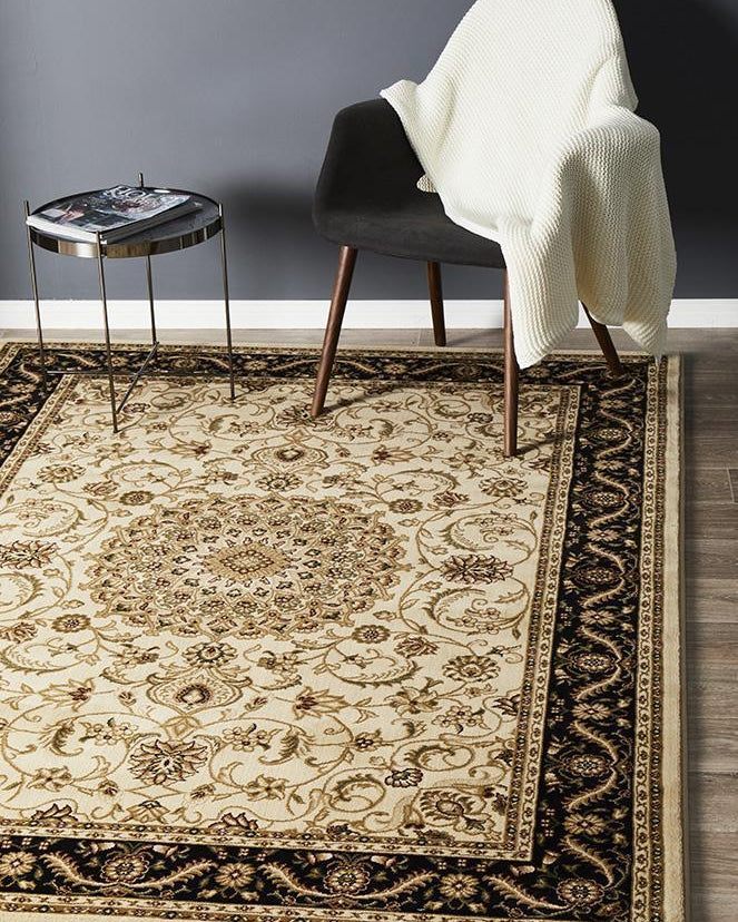 Sydney Collection Medallion Rug Ivory With Black Border