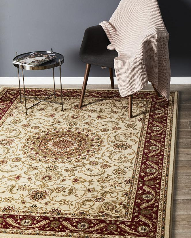 Sydney Collection Medallion Rug Ivory With Red Border