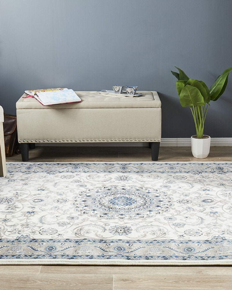 Sydney Collection Medallion Rug White With Beige Border
