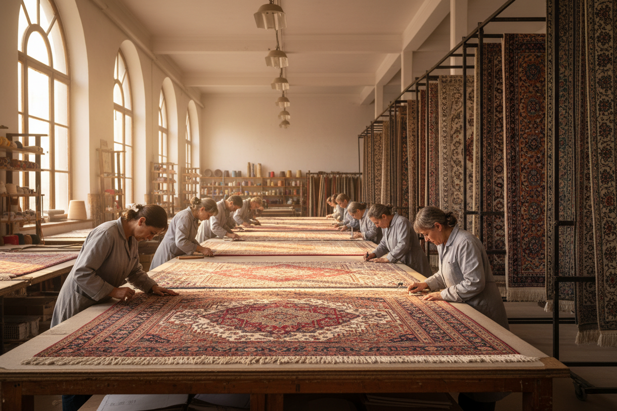 a large workshop of rugs being checked meticulaously