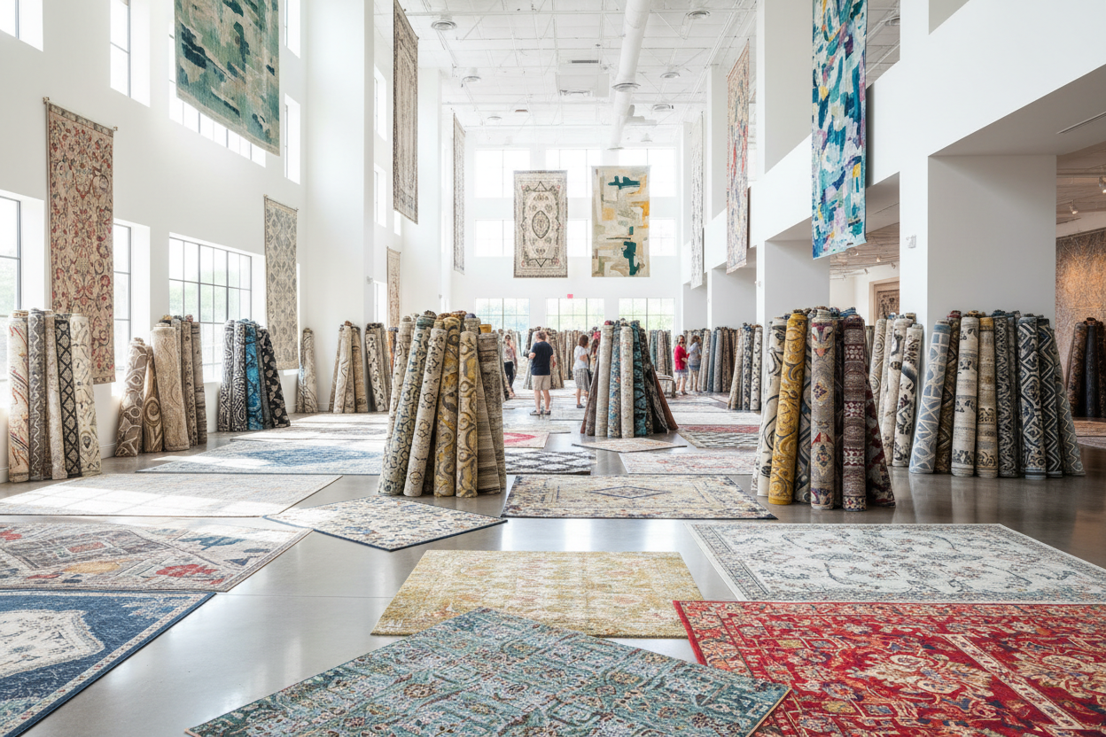 a picture of a large showroom with 100s of rugs