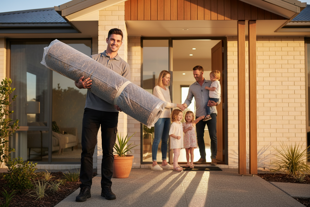 An image of a young man delivering a rug to a families dorsteo
